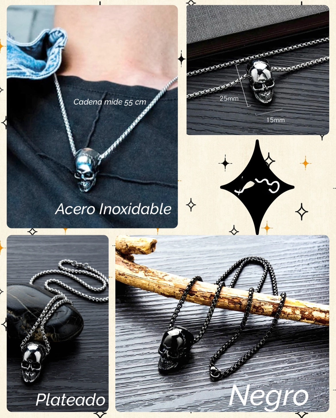 Cadena y Dije de Acero Inoxidable modelo Calaca