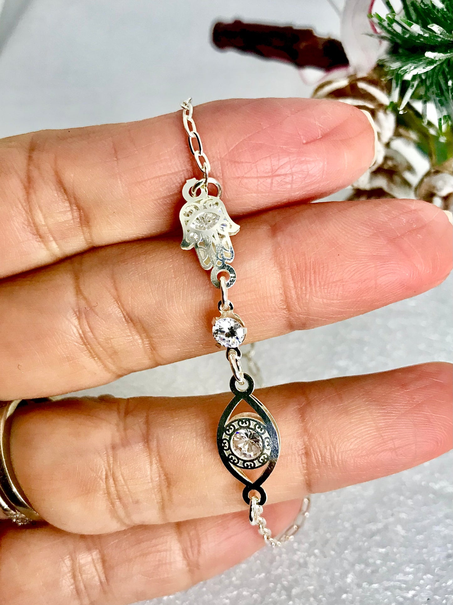 Pulsera de Plata 925 con Zirconia, modelo con Ojo Turco y Mano de Fátima