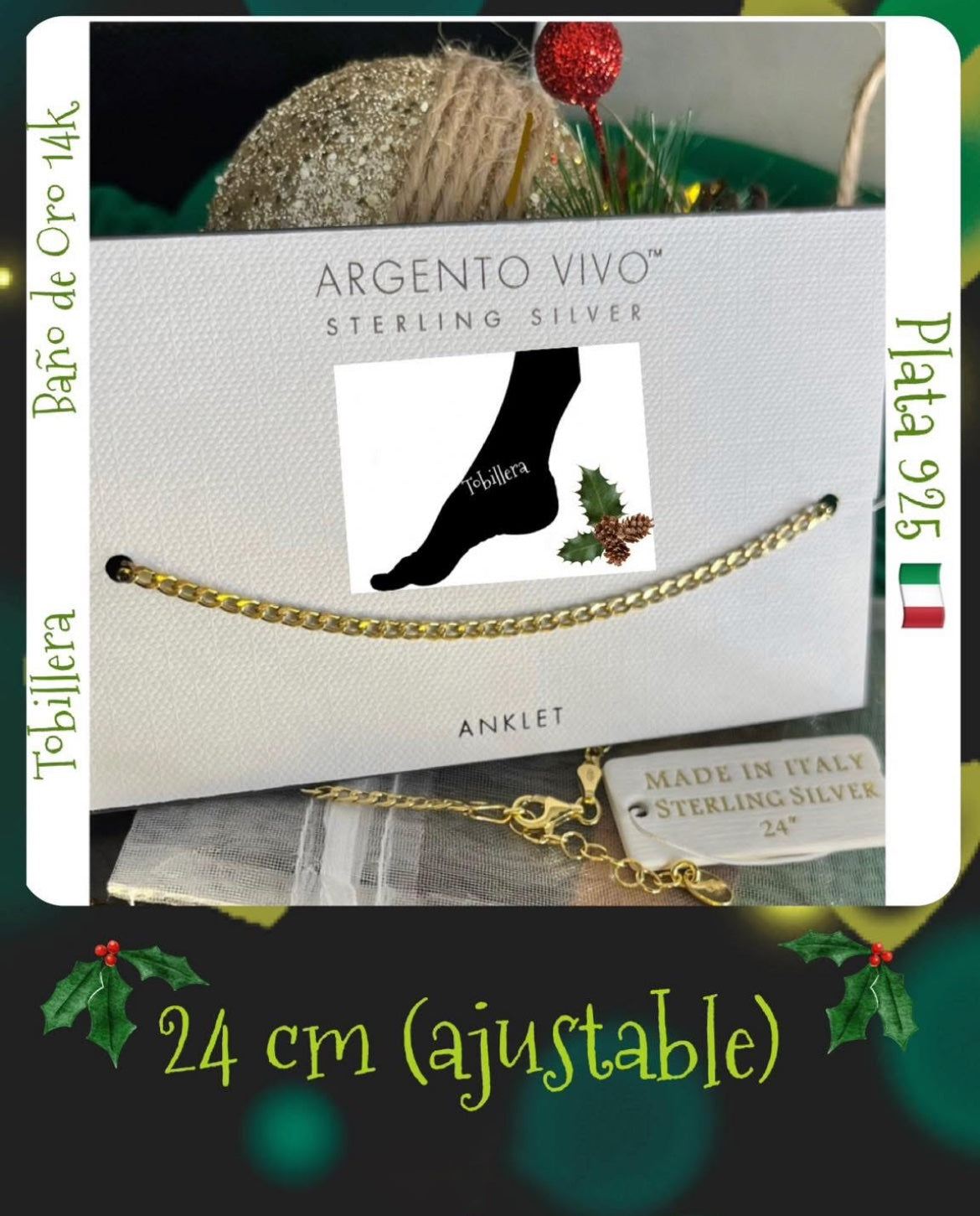 Tobillera de Plata 925 Italiana con Baño de Oro 14k