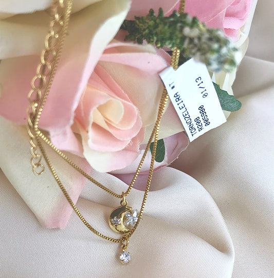 Tobillera en Chapa de Oro de 18k con Doble Hilo y Zirconia, modelo Media Luna