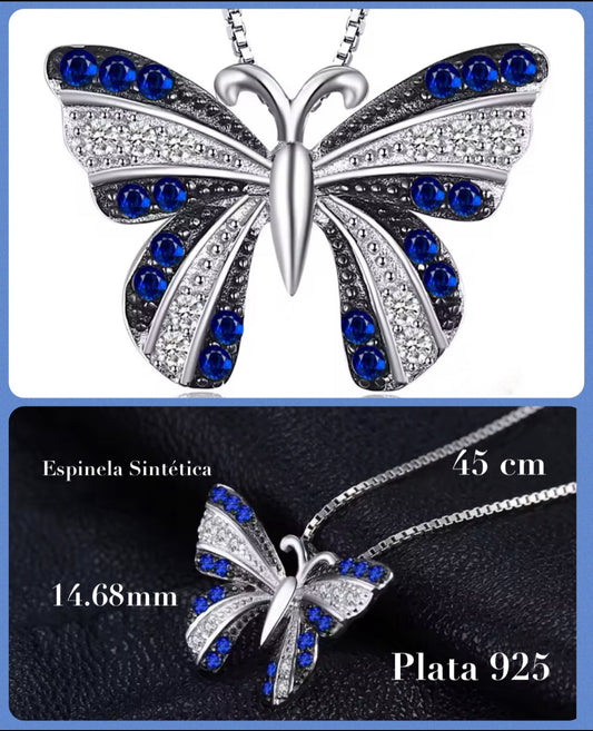 Dije y Cadena de Plata 925 con Espinela y Zirconias, modelo Mariposa