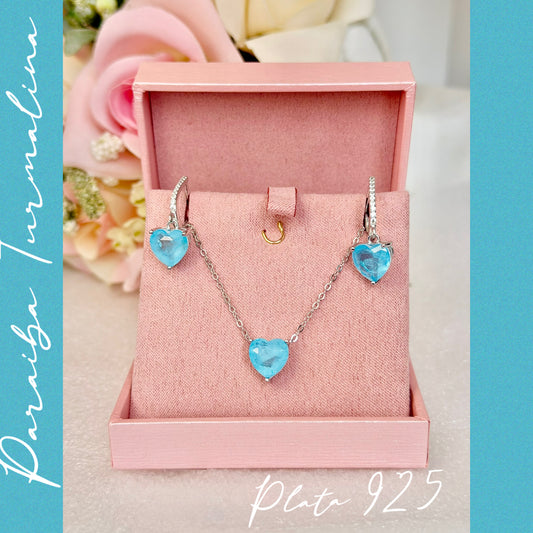 Juego de Collar y Aretes con Paraiba Turmalina y Zirconias, en Plata 925
